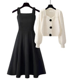 Knit Sweater Top Black Dress Two Piece Set Women's